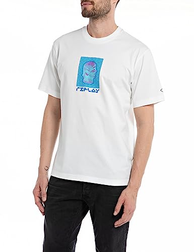 Replay Herren T-Shirt Kurzarm Rundhalsausschnitt mit Backprint, Natural White 011 (Weiß), M von Replay