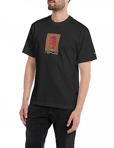 Replay Herren T-Shirt Kurzarm Rundhalsausschnitt mit Backprint, Black 098 (Schwarz), XXL von Replay