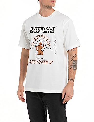 Replay Herren T-Shirt Kurzarm Rundhalsausschnitt Speedshop, Natural White 011 (Weiß), XS von Replay