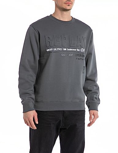 Replay Herren Sweatshirt mit Logo ohne Kapuze, Titanium 291 (Grau), L von Replay