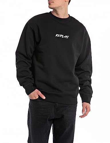 Replay Herren Sweatshirt mit Logo ohne Kapuze, Black 098 (Schwarz), XXL von Replay