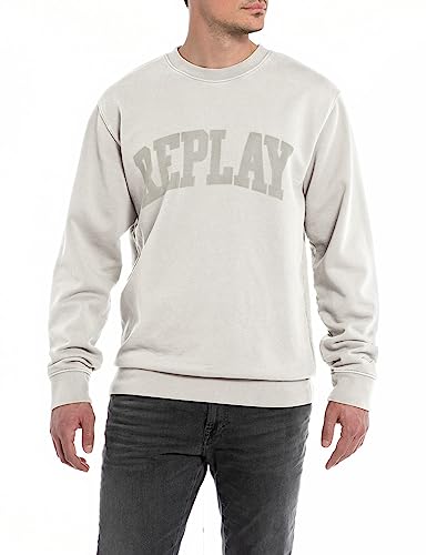 Replay Herren Sweatshirt mit Logo ohne Kapuze, Platinum 012 (Weiß), L von Replay