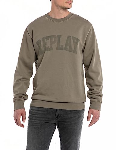 Replay Herren Sweatshirt mit Logo ohne Kapuze, Stone Green 836 (Grün), L von Replay