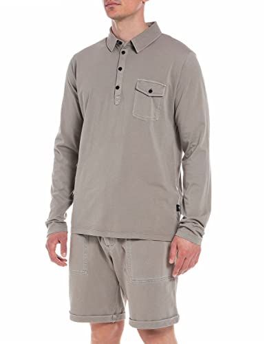 Replay Herren Poloshirt Langarm aus Baumwolle, Warm Grey 104 (Grau), M von Replay