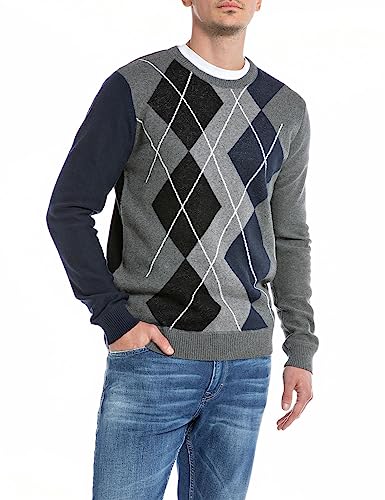 Replay Herren Pullover aus Baumwoll/Kaschmirmix, Jacquard Grey Mel/Black/Whithe 010 (Mehrfarbig), L von Replay