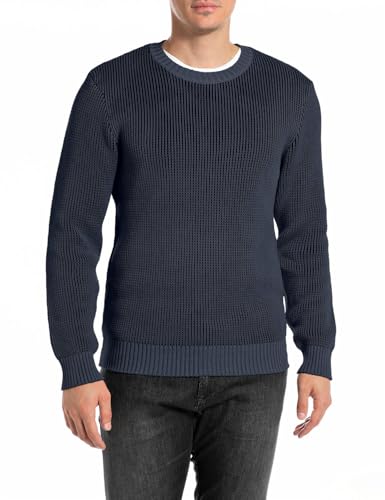 Replay Herren Strickpullover aus Baumwolle, Blau (Deep Blue 088), M von Replay