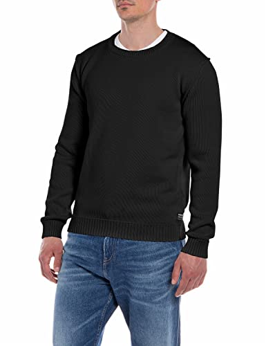 Replay Herren Strickpullover mit Rundhals-Ausschnitt, Black 098 (Schwarz), L von Replay