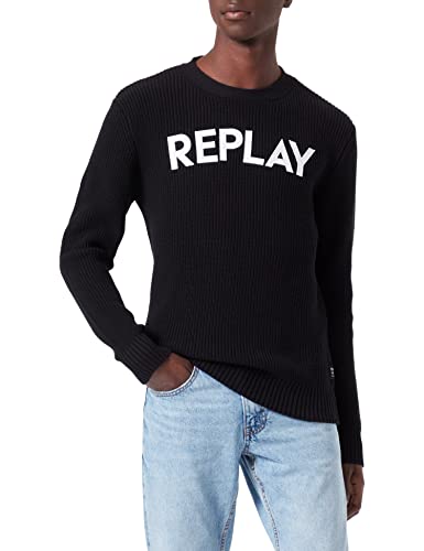 Replay Herren Strickpullover mit Rundhals Ausschnitt, Schwarz (Black 098), XL von Replay