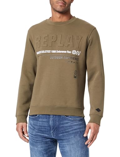 Replay Herren Sweatshirt mit Logo ohne Kapuze, Dark Olive 928 (Grün), L von Replay