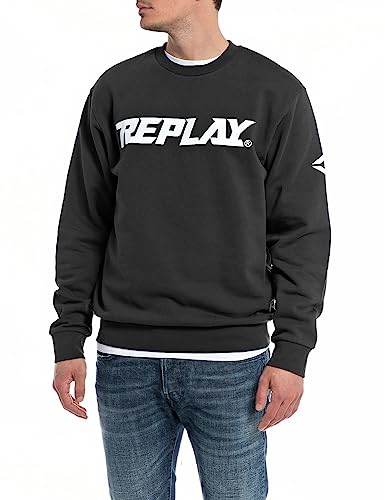 Replay Herren Sweatshirt Logo ohne Kapuze, Schwarz (Black 098), XL von Replay