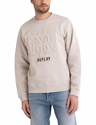 Replay Herren Sweatshirt mit Logo ohne Kapuze, Platinum 012 (Weiß), XXL von Replay