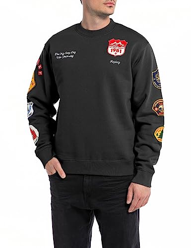 Replay Herren Sweatshirt Patches ohne Kapuze, Black 098 (Schwarz), M von Replay