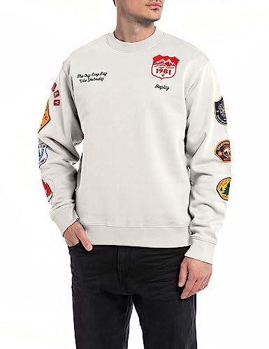 Replay Herren Sweatshirt Patches ohne Kapuze, Platinum 012 (Weiß), S von Replay