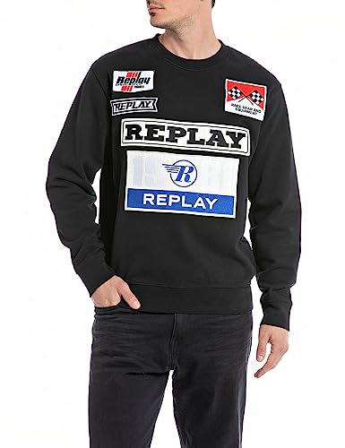 Replay Herren Sweatshirt Racing ohne Kapuze, Black 098 (Schwarz), XL von Replay