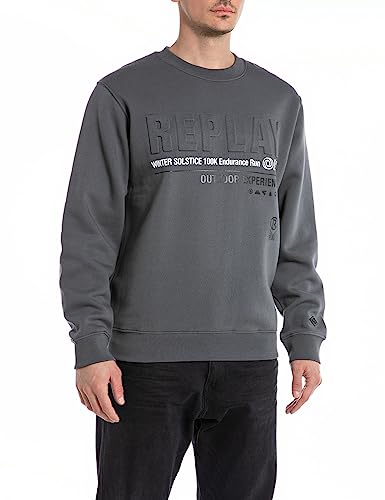 Replay Herren Sweatshirt mit Logo ohne Kapuze, Titanium 291 (Grau), S von Replay