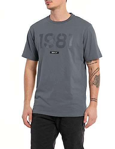 Replay Herren T-Shirt Kurzarm Rundhalsausschnitt mit Logo, Titanium 291 (Grau), XS von Replay