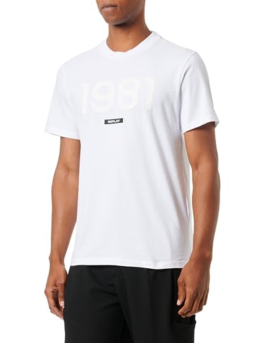 Replay Herren T-Shirt Kurzarm Rundhalsausschnitt mit Logo, White 001 (Weiß), M von Replay