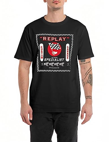 Replay Herren T-Shirt Kurzarm Rundhalsausschnitt Bikes Specialist, Schwarz (Black 098), L von Replay