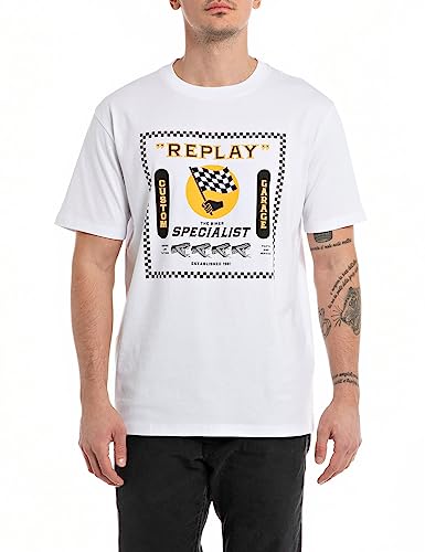 Replay Herren T-Shirt Kurzarm Rundhalsausschnitt Bikes Specialist, Weiß (White 001), XL von Replay