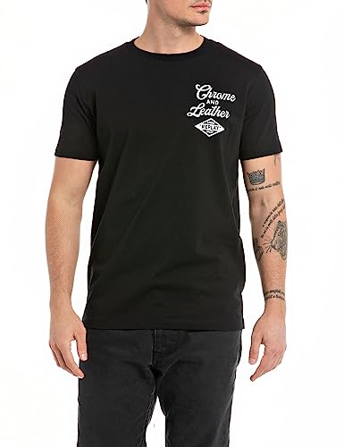 Replay Herren T-Shirt Kurzarm Rundhalsausschnitt Chrome and Leather, Schwarz (Black 098), S von Replay