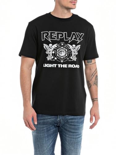 Replay Herren T-Shirt Kurzarm Rundhalsausschnitt Light the Road, Schwarz (Black 098), M von Replay