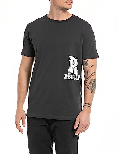 Replay Herren T-Shirt Kurzarm Rundhalsausschnitt mit Logo, Nearly Black 998 (Blau), XS von Replay