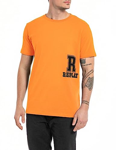 Replay Herren T-Shirt Kurzarm Rundhalsausschnitt mit Logo, Ultra Orange 727 (Orange), XXL von Replay