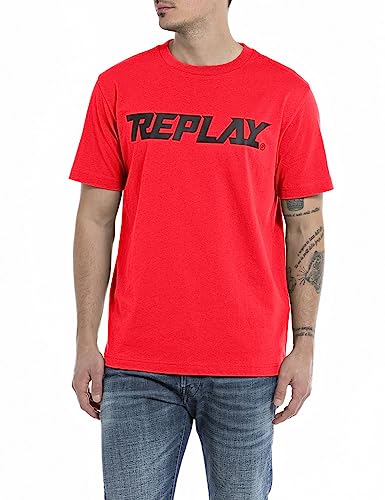 Replay Herren T-Shirt Kurzarm Rundhalsausschnitt mit Logo, Ruby Red 656 (Rot), M von Replay