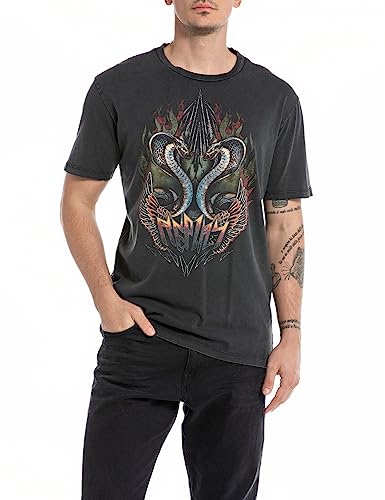 Replay Herren T-Shirt Kurzarm Rundhalsausschnitt Snake Print, Blackboard 099 (Schwarz), M von Replay