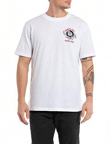 Replay Herren T-Shirt Kurzarm Rundhalsausschnitt Speedshop, Weiß (White 001), XL von Replay