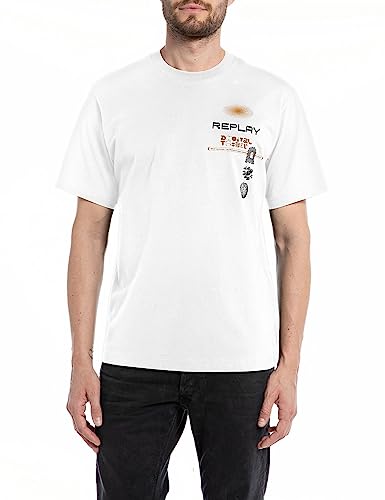 Replay Herren T-Shirt Kurzarm Rundhalsausschnitt mit Backprint, Weiß (Natural White 011), XXL von Replay