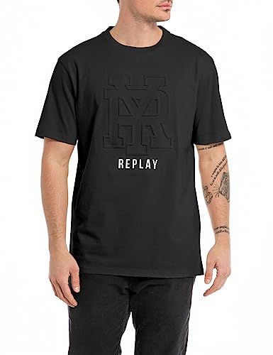 Replay Herren T-Shirt Kurzarm Rundhalsausschnitt mit Logo, Black 098 (Schwarz), L von Replay