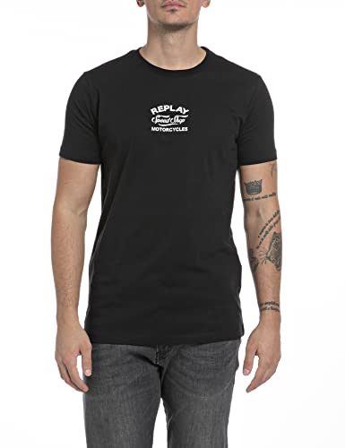 Replay Herren T-Shirt Kurzarm Schriftzug und Backprint, Schwarz (Black 098), XL von Replay