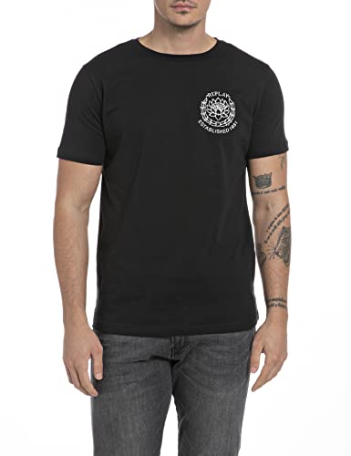 Replay Herren T-Shirt Kurzarm Schriftzug und Backprint, Schwarz (Black 098), XS von Replay