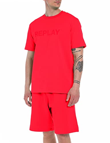 Replay Herren T-Shirt Kurzarm Second Life mit Logo Print, Poppy Red 555 (Rot), XL von Replay