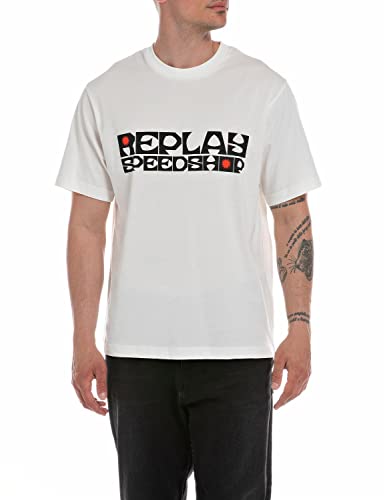 Replay Herren T-Shirt Kurzarm Speedshop, Natural White 011 (Weiß), XXL von Replay