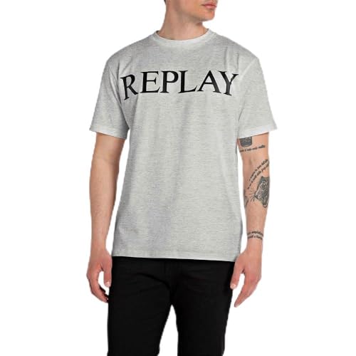 Replay Herren T-Shirt Kurzarm aus Baumwolle, Light Grey Melange M08 (Grau), S von Replay