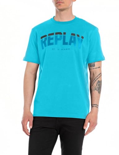 Replay Herren T-Shirt Kurzarm aus Baumwolle, Turquoise 957 (Türkis), XL von Replay