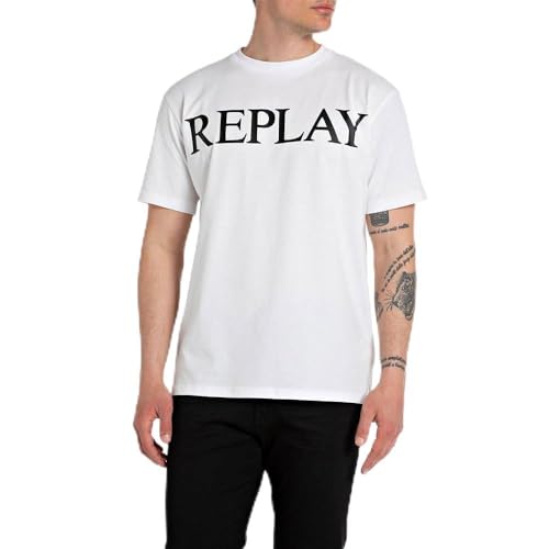 Replay Herren T-Shirt Kurzarm aus Baumwolle, Weiß (White 001), L von Replay