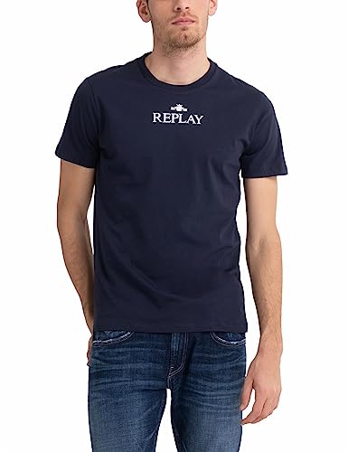 Replay Herren T-Shirt Kurzarm mit Logo Print, Blue 085 (Blau), M von Replay