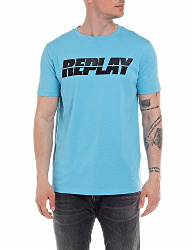 Replay Herren T-Shirt Kurzarm mit Logo Print, Powder Blue 786 (Blau), XL von Replay