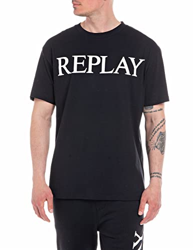 Replay Herren T-Shirt Kurzarm mit Logo Print, Black 098 (Schwarz), L von Replay