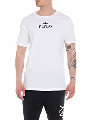 Replay Herren T-Shirt Kurzarm mit Logo Print, Optical White 001 (Weiß), XL von Replay