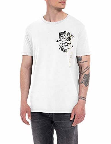 Replay Herren T-Shirt Kurzarm mit Print, Optical White 001 (Weiß), L von Replay