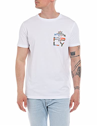 Replay Herren T-Shirt Kurzarm mit Print, Optical White 001 (Weiß), XL von Replay