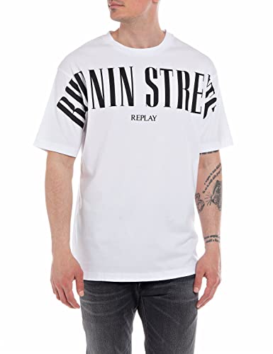 Replay Herren T-Shirt Kurzarm mit Schriftzug, Optical White 001 (Weiß), M von Replay