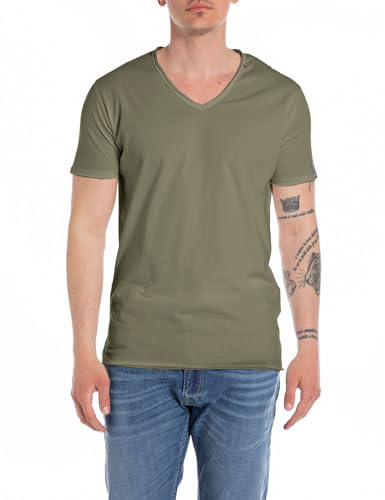 Replay Herren T-Shirt Kurzarm mit V-Ausschnitt, Light Military 408 (Grün), L von Replay