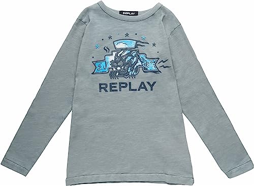 Replay Jungen Langarmshirt aus Baumwolle mit Logo Tiger Print, Foggy Grey 673 (Grau), 14 Jahre von Replay
