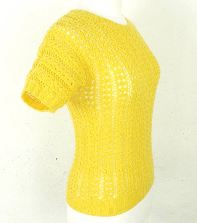 1960Er Jahre Handgestricktes Damen Top Gelb Wollmix Handstrick Mit Kurzen Ärmeln Größe S Brustumfang 82 - 90 cm Boho Jazz Art von Repsychological