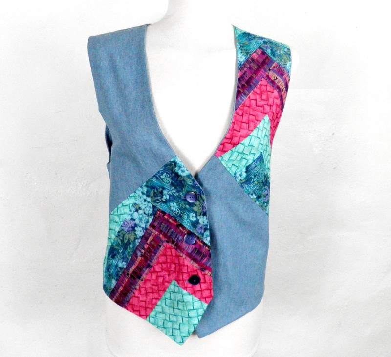 1970Er Jahre Jazzy Mid Blue Handgemachte Patchwork Denim Weste/Größe S Uk 10 -12 Boho Chic Kunst Jazz von Repsychological